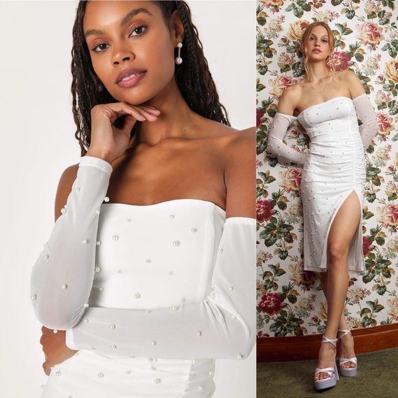 White Mesh Pearl Off-The-Shoulder Bodycon Midi Dress🌿 - Picture 3 of 9